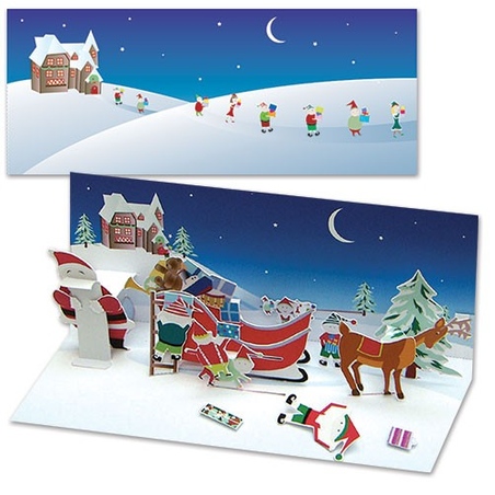 Santa Packing SleighFelicitare de iarna - Ajutoarele lui Mos Craciun- o felicitare cu elemente 3D si camp pt. mesaj