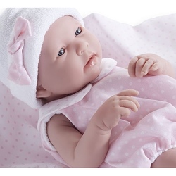 Jucarie Bebe fetita 43 cm costum vara roz si paturica