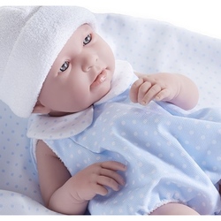 Jucarie Bebe baiat 43 cm costum vara bleu si paturica