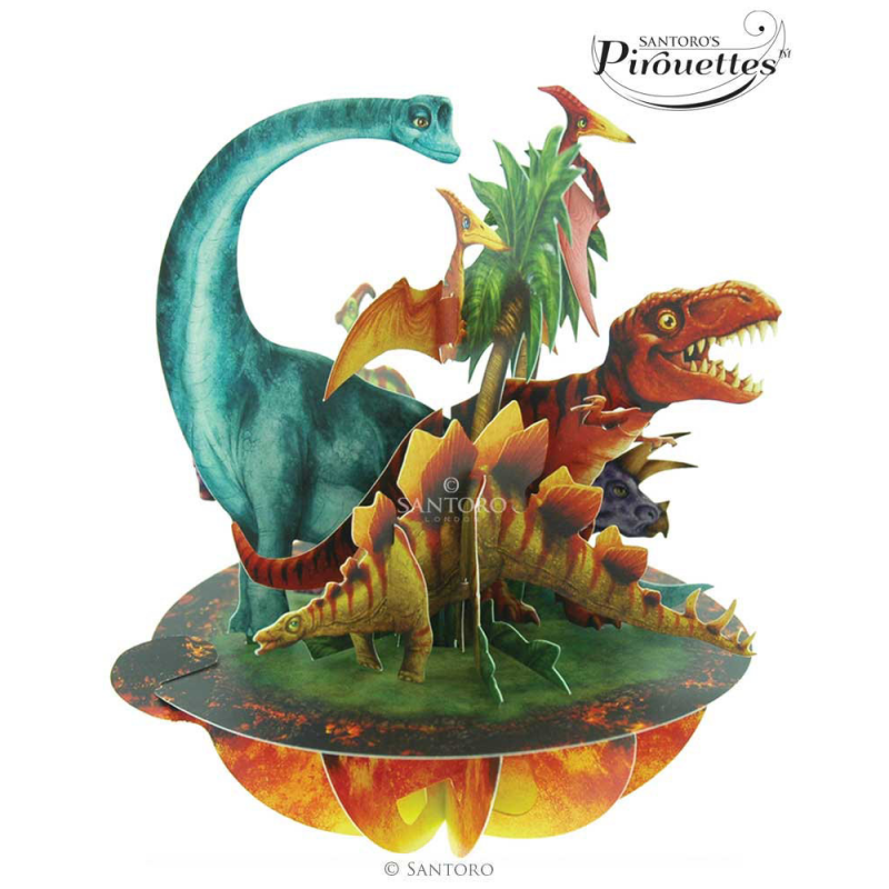 Felicitare 3D Pirouettes Santoro-Dinozauri din Jurassic. O felicitare adusa din era preistorica pentru copii