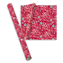 hartie de impachetat cadouri pentru Craciun - baza rosie cu decor de scris alb si globuri