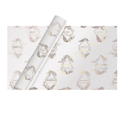 Hartie de impachetat model Tom Smith Golden Christmas 4 m argintie cu scris Mery Christmas in romburi delicate