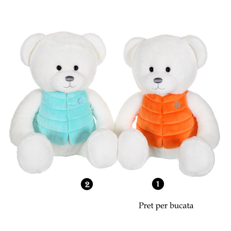 Ursulet alb - jucarie din plus cu vesta 35 cm, 2 modele disponibile de ursulet alb cu vesta bleu sau portocalie