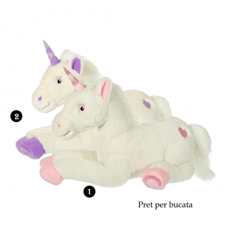 Unicorn alb - jucarie din plus 110 cm cu coama si coada foarte pufoase, urechi, copite si corn roz sau mov