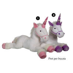 Unicorn alb - jucarie din plus 80 cm cu coama si coada foarte pufoase, urechi, copite si corn roz sau mov