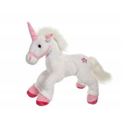 Unicorn alb - jucarie din plus 42 cm cu coama si coada foarte pufoase, urechi, copite si corn roz