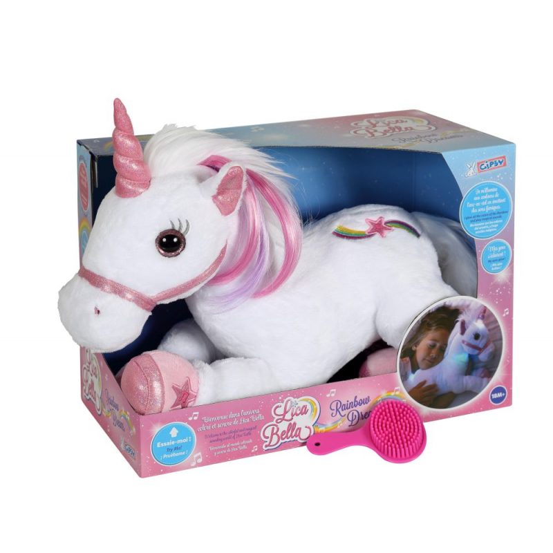 Unicorn alb - jucarie din plus cu sunet si lumini 35 cm, cu corn si copite roz, plus coama alb cu roz