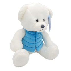 Ursulet alb - jucarie din plus cu vesta 24 cm, model cu vesta albastra