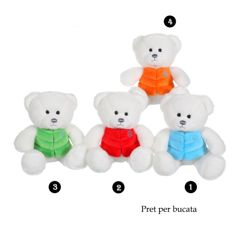 Ursulet alb - jucarie din plus cu vesta 24 cm, 5 modele de urs polar cu vesta bleu, rosie, verde sau portocalie