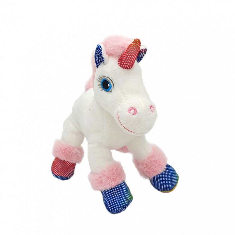 Unicorn alb si roz - jucarie din plus cu sunet 22 cm, model unicorn alb coama roz deschis