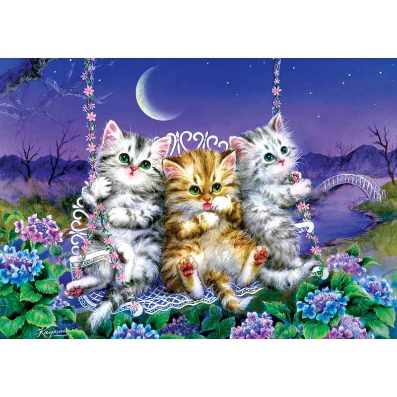 Puzzle 500 piese - Moonlight Swing Kittens-Kayomi Harai pentru iubitorii de pisici