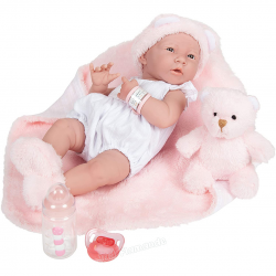 Jucarie bebe fetita cu bentita cu urechi si paturica roz