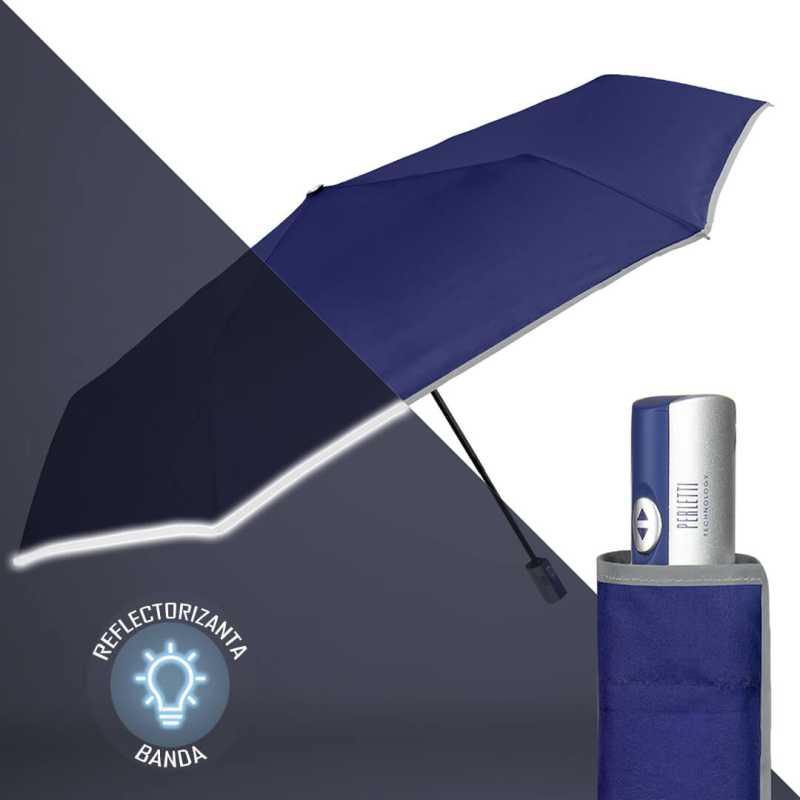 Umbrela de ploaie pliabila albastra cu banda reflectorizanta cu deschidere inchidere automatizata