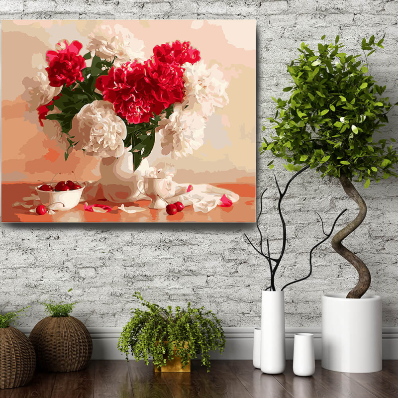 Set pictura pe numere (panza) Glastra cu bujori rosii si albi 40x50 cm