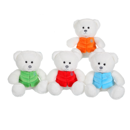 Ursulet alb - jucarie din plus cu vesta 24 cm, 5 modele de urs polar cu vesta bleu, rosie, verde sau portocalie